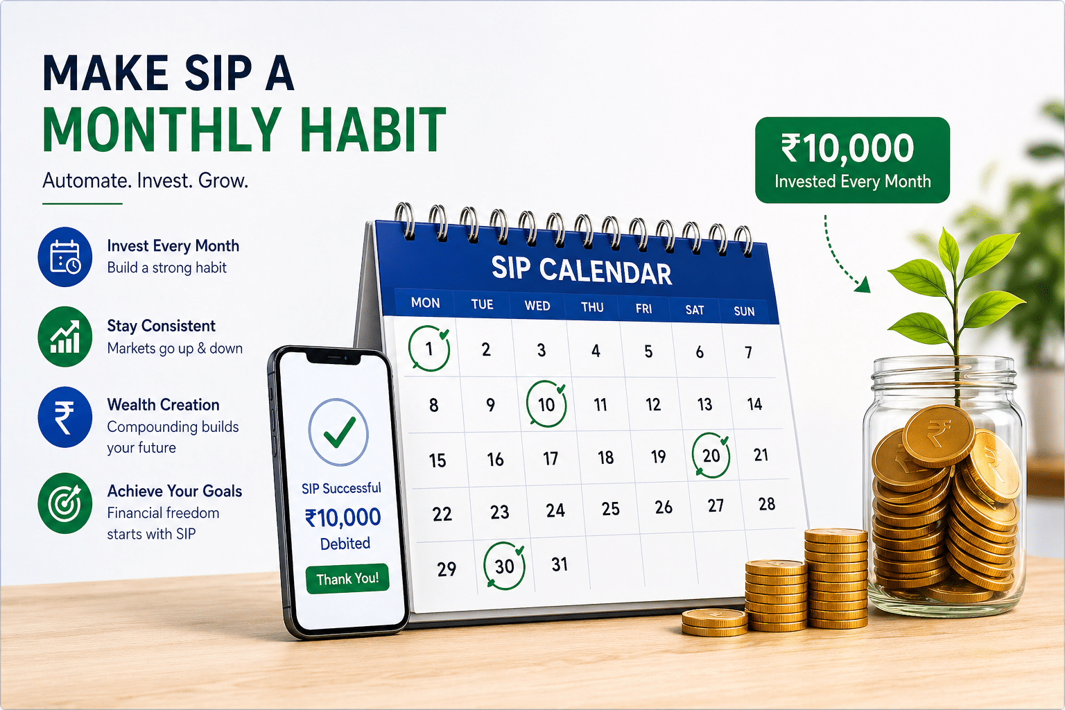 Monthly SIP habit illustration showing calendar and recurring ₹10,000 investment