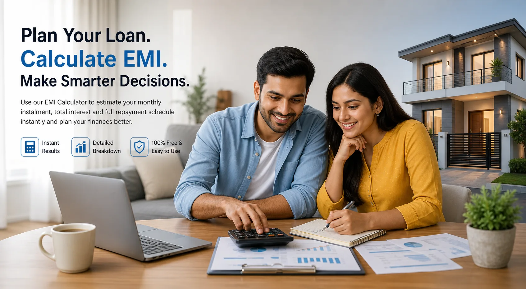 Indian couple planning home loan EMI using calculator and budgeting monthly expenses