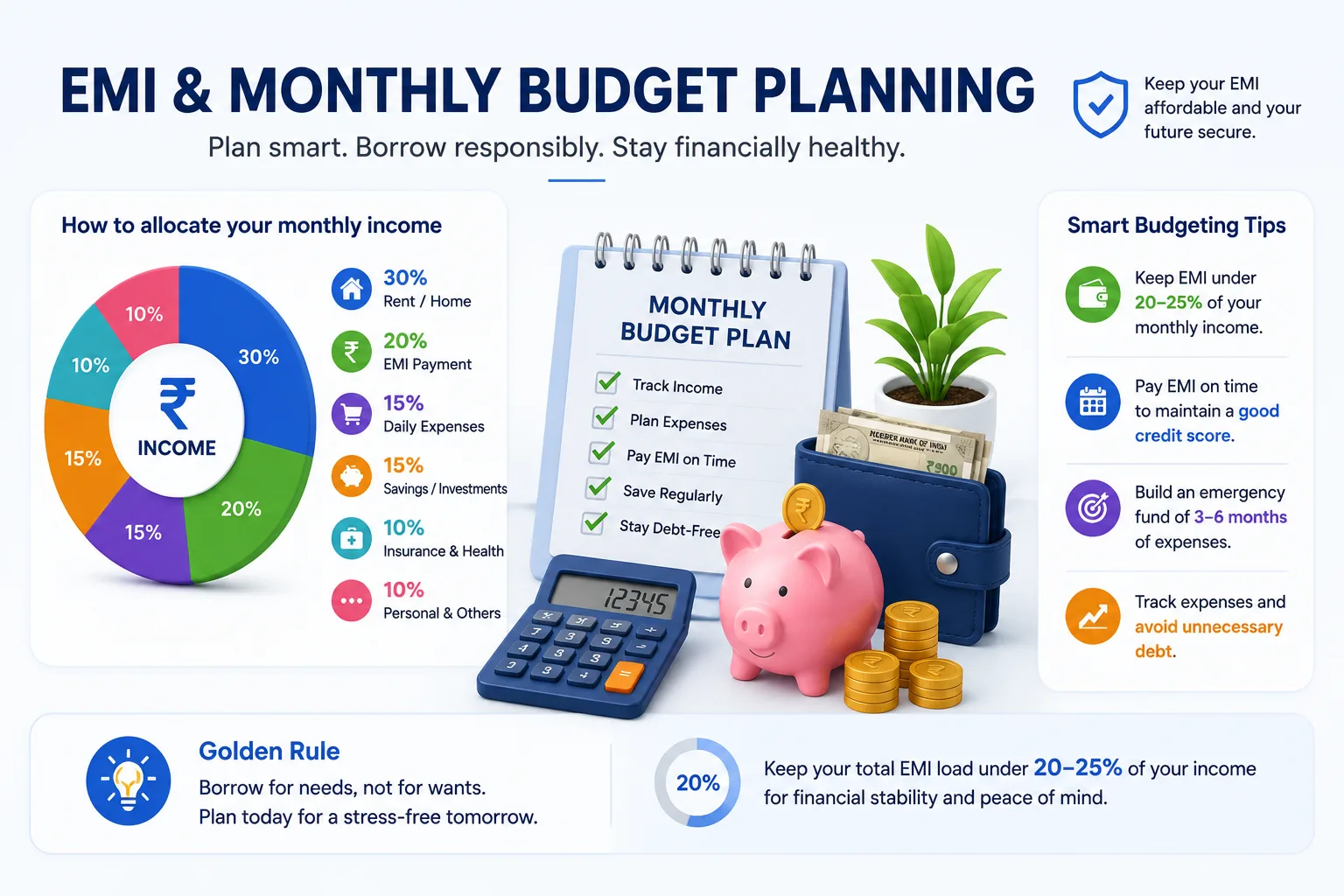 Personal loan EMI monthly budget planning illustration with salary expenses savings and emergency fund