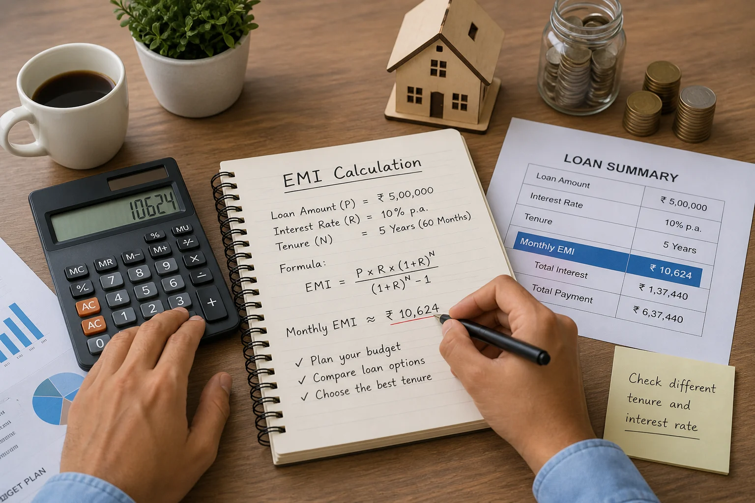 Person calculating loan EMI using notebook and calculator for financial planning