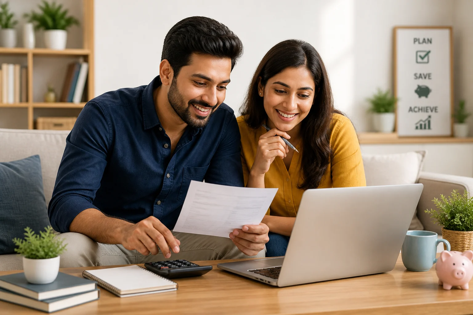 Happy Indian family managing finances successfully with smart EMI planning and savings