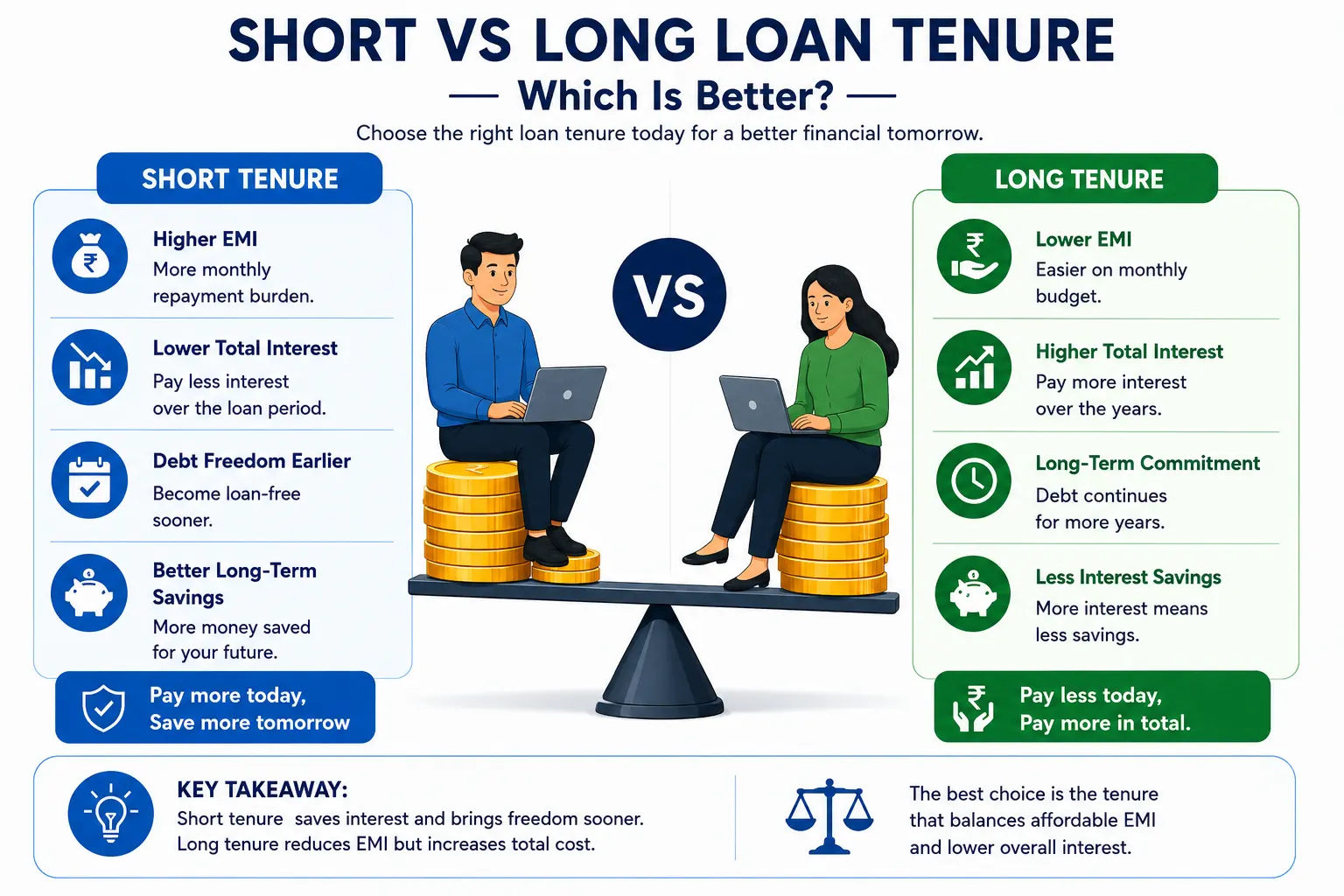 Short vs long loan tenure comparison infographic