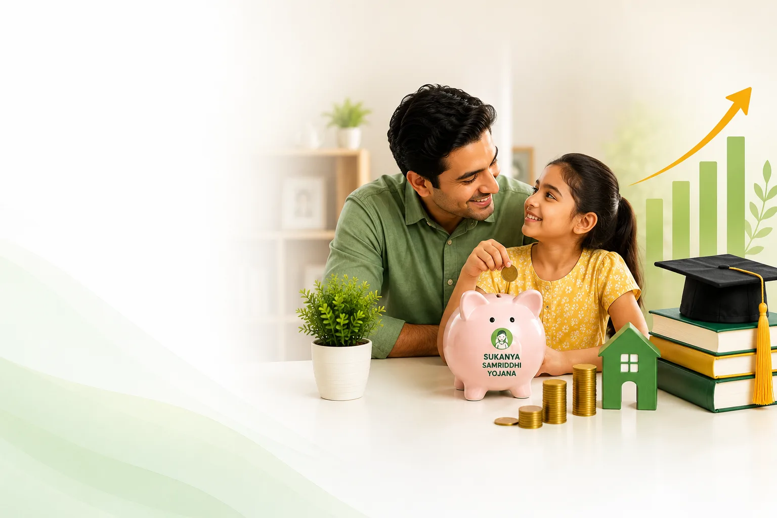 Father and daughter planning Sukanya Samriddhi Yojana savings with piggy bank and education growth concept